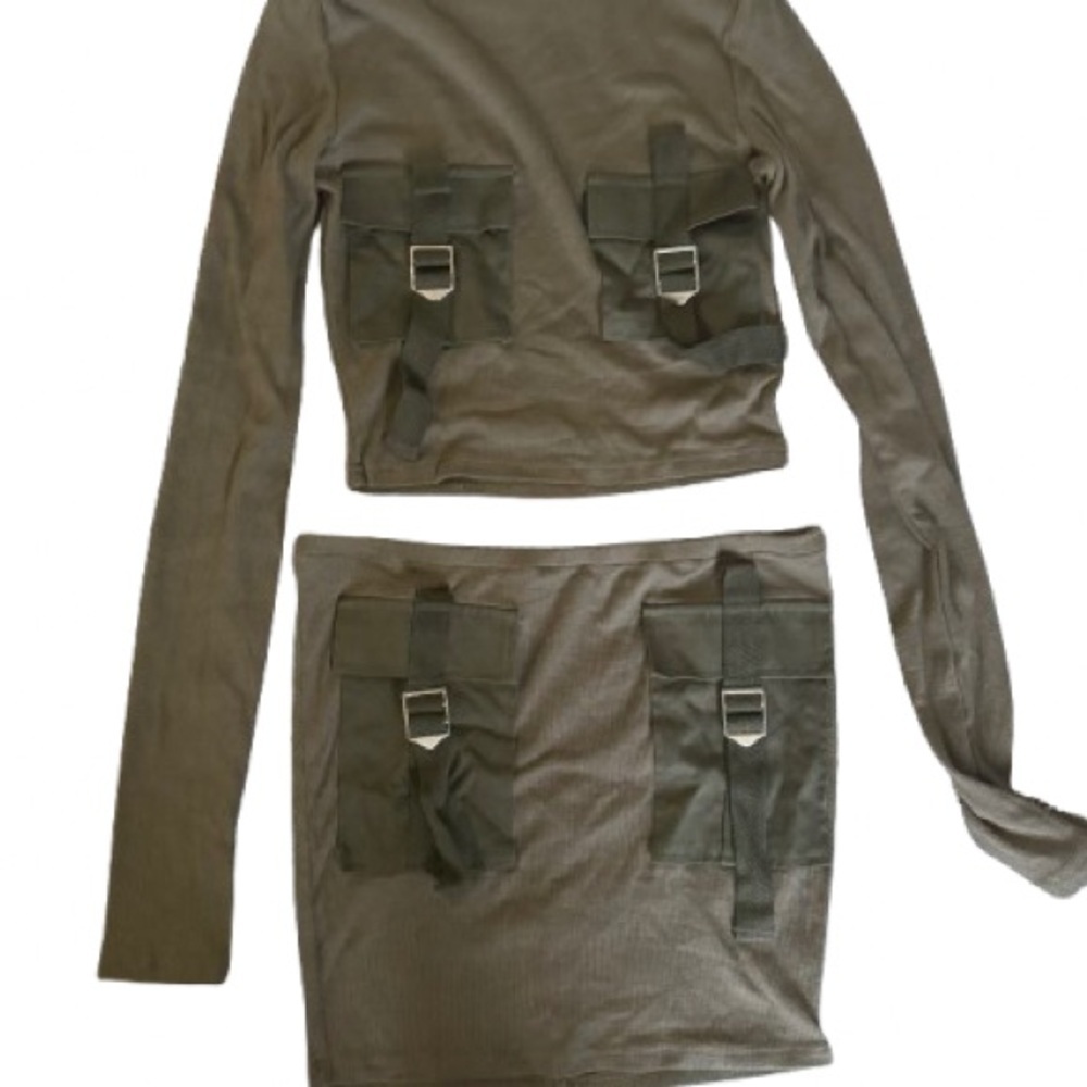 Olive Green Long Sleeve Top and Skirt Set